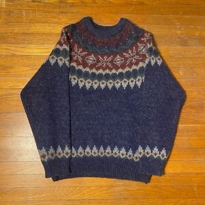 Vintage Woolrich Mohair Wool Fair Isle Sweater Navy Blue Mens Medium